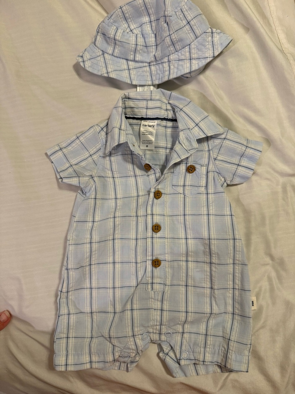 Carter's Light Blue Plaid Button-Front Baby One-Piece with Matching Hat
